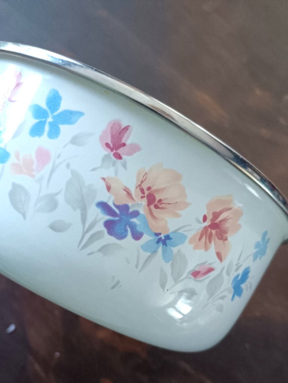 Small White Enamel Bowl with Blue and Peach Flowers